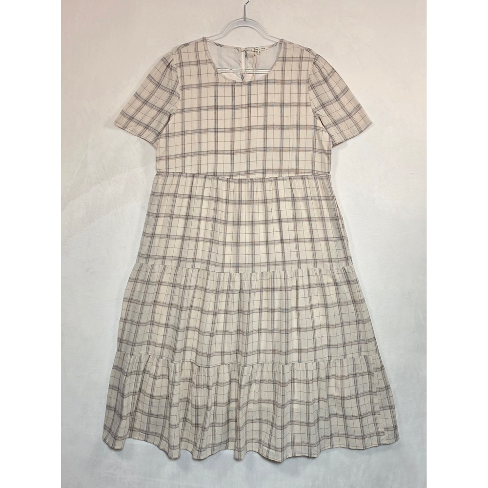Tea n Rose Plaid Dress Womens Medium Cream Cottagecore Boho Minimalist Academia - Picture 2 of 16